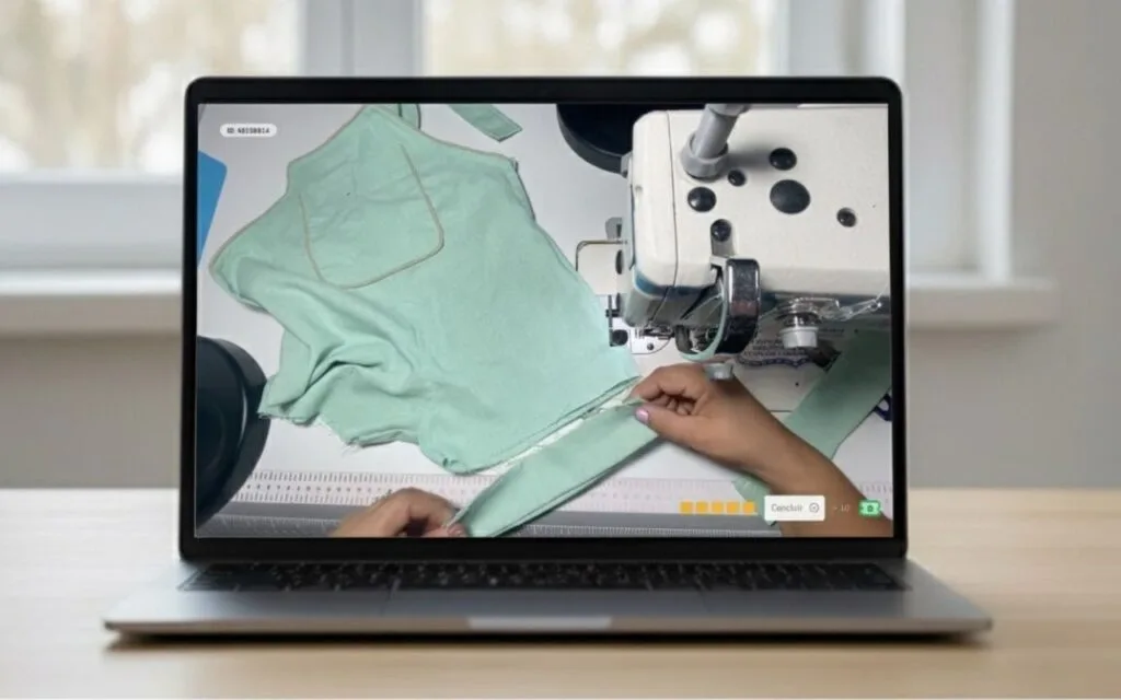 Notebook aberto mostrando aula de costura da Jardineira Versátil sendo assistida