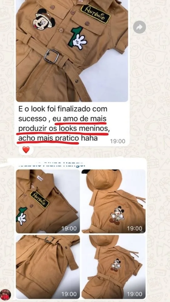 Print real de aluna Costuragi contando que encheu a agenda do ateliê costurando roupa de menino