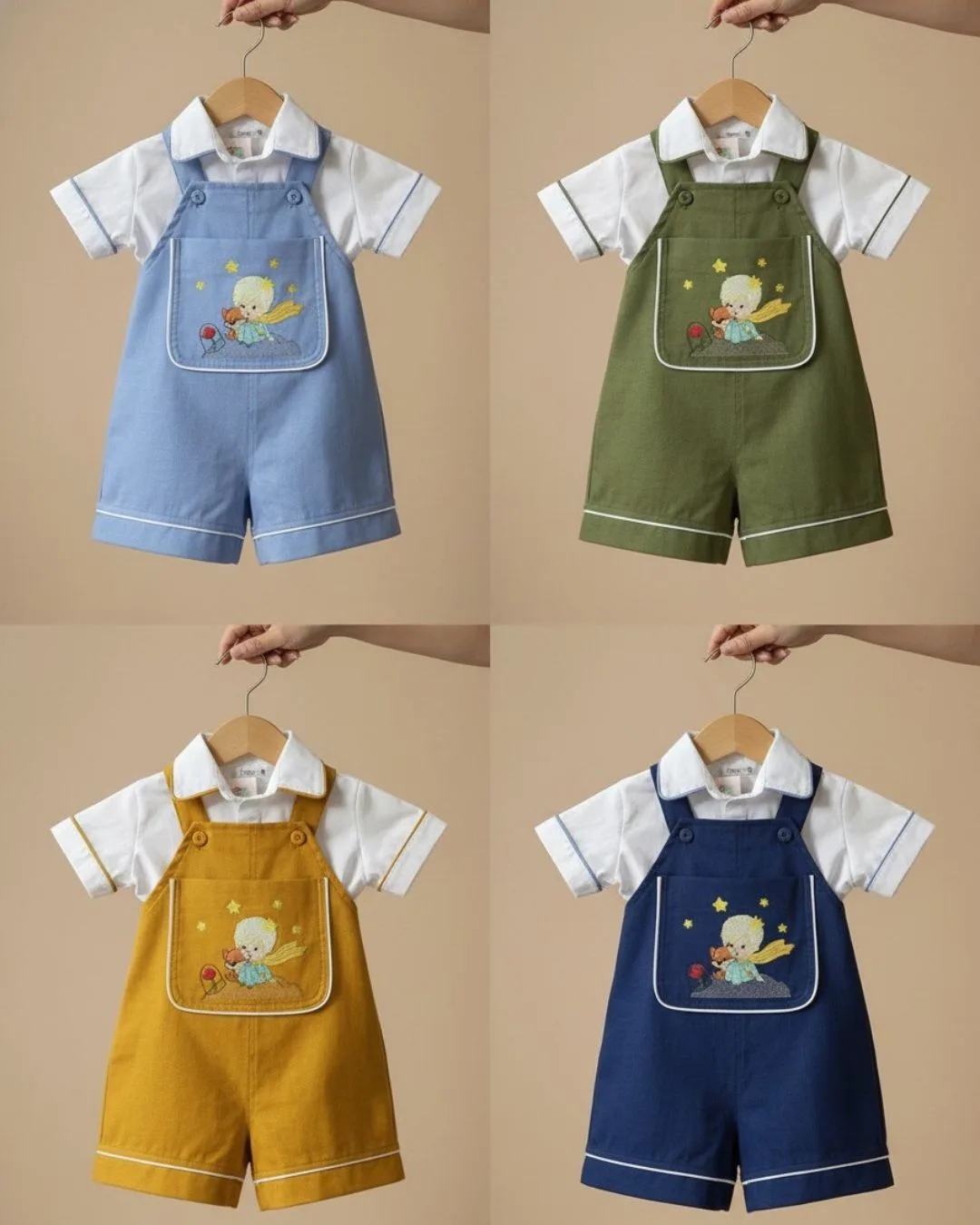 Quatro Jardineiras Versátil em tecidos diferentes — jeans urbano, estampa floral delicada, linho cru premium e sarja bege neutra — cada uma vestida por menino ou menina