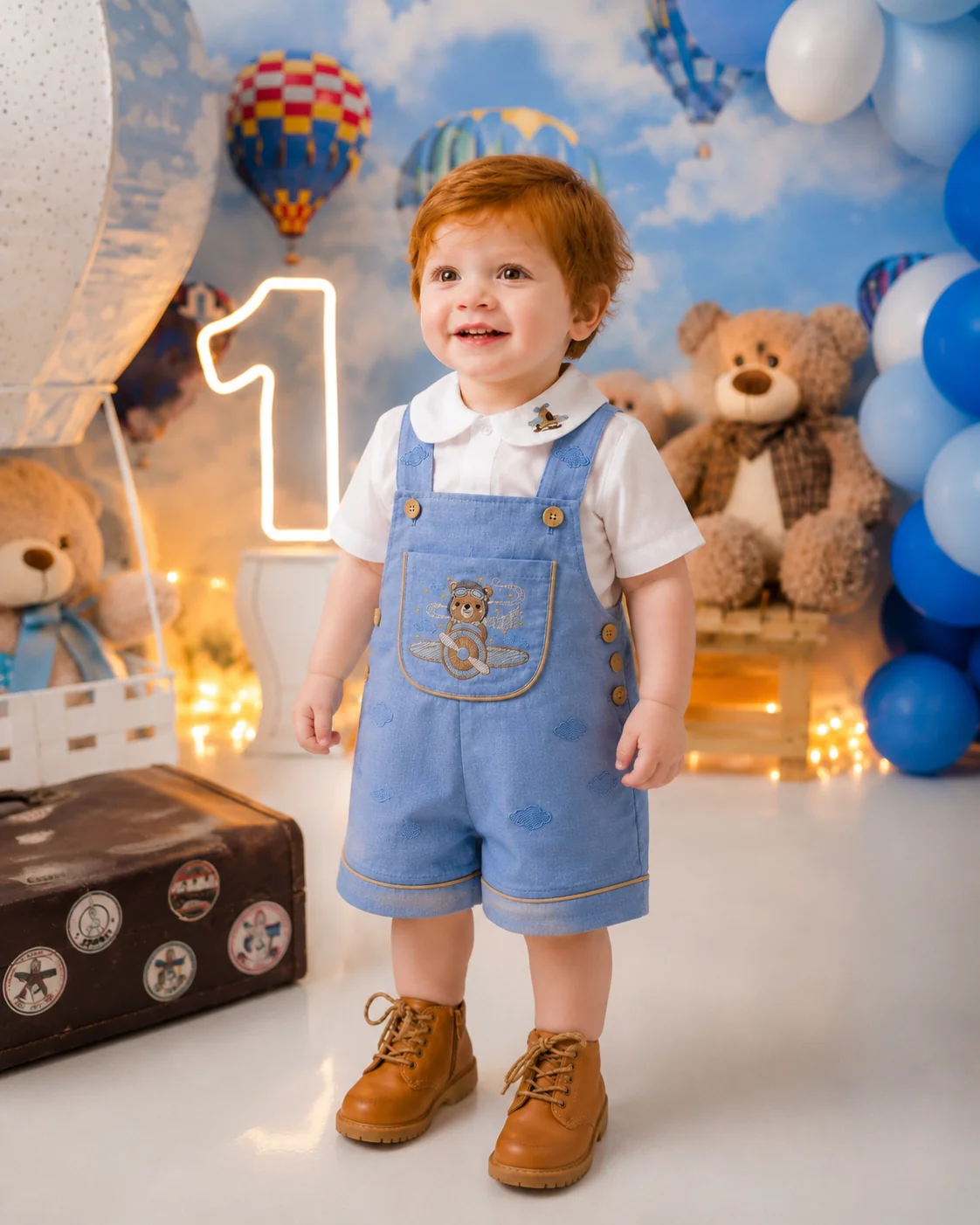 Jardineira Versátil com gola redonda, tema urso aviador