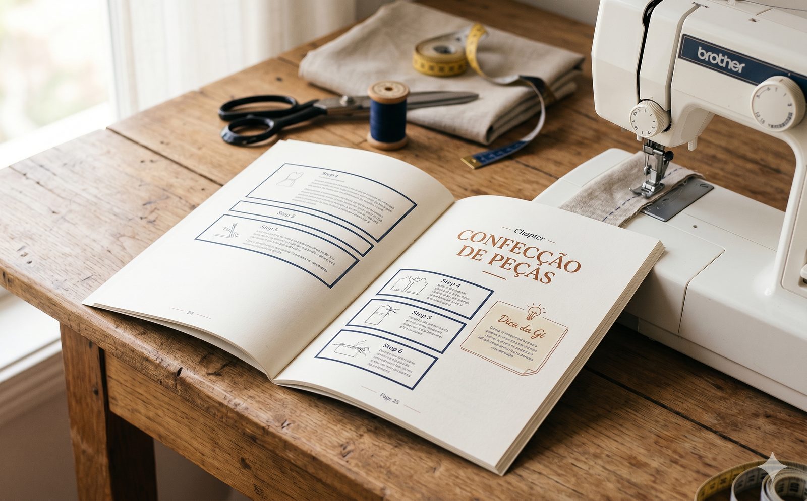 Manual de Bancada do Projeto Jardineira Versátil aberto sobre bancada de madeira com máquina de costura, tesoura, carretel de linha e tecido jeans