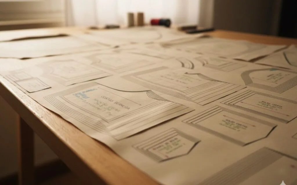 Moldes da Jardineira Versátil impressos e distribuídos sobre mesa de madeira clara